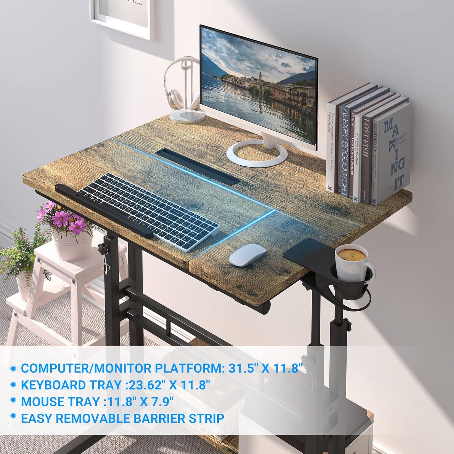 Mobile Standing Desk, Adjustable Rolling Computer Desk with 3 Desktops, Portable Laptop Table with Cup Holder, Home Office Laptop Workstation on Lockable Wheels, Black, Rustic Brown