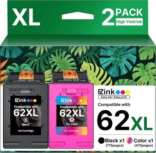 62XL Ink Remanufactured Ink Cartridges for HP 62 Ink 62XL Ink Cartridges Black and Color High Yield Use with HP Envy 5540 5640 5660 7644 OfficeJet 5740 5741 8040 200 250 Series Printer(2-Pack)
