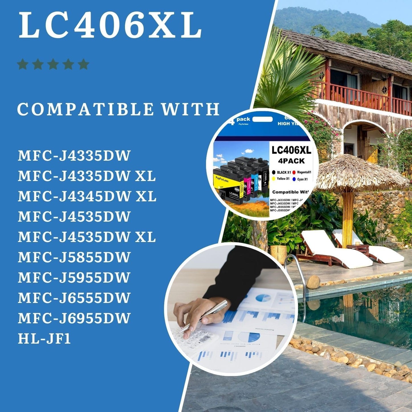 LC406XL for LC406 Ink Cartridges for Brother Printer for Brother MFC-J4335DW MFC-J4535DW MFC-J5855DW MFC-J6555DW MFC-J6955DW Printer 4 Pack(Black Cyan Magenta Yellow)