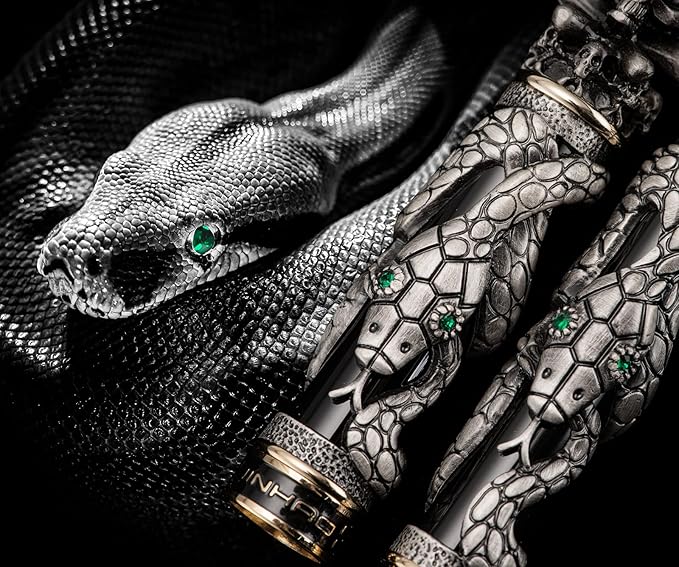 Jinhao Black Snake Fountain Pen Medium Nib Retro Style with Skull Head Solid Metal and Paper Pen Case Set