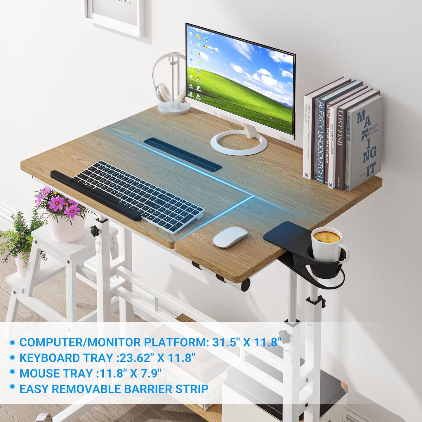 Mobile Standing Desk, Adjustable Rolling Computer Desk with 3 Desktops, Portable Laptop Table with Cup Holder, Home Office Laptop Workstation on Lockable Wheels,Khaki