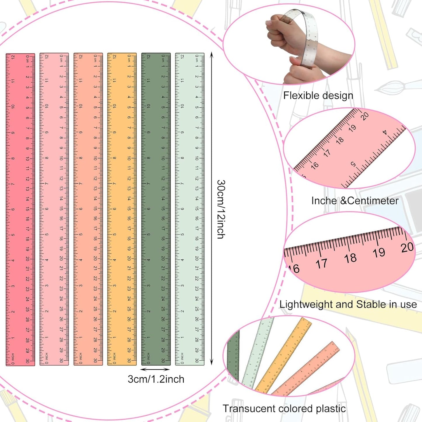 Panelee 108 Pcs 12 Inch Plastic Ruler Color Transparent Colorful Metric Clear Ruler with Inches and Centimeters for Kids School Home Classroom Office Back to School Gifts Supplies