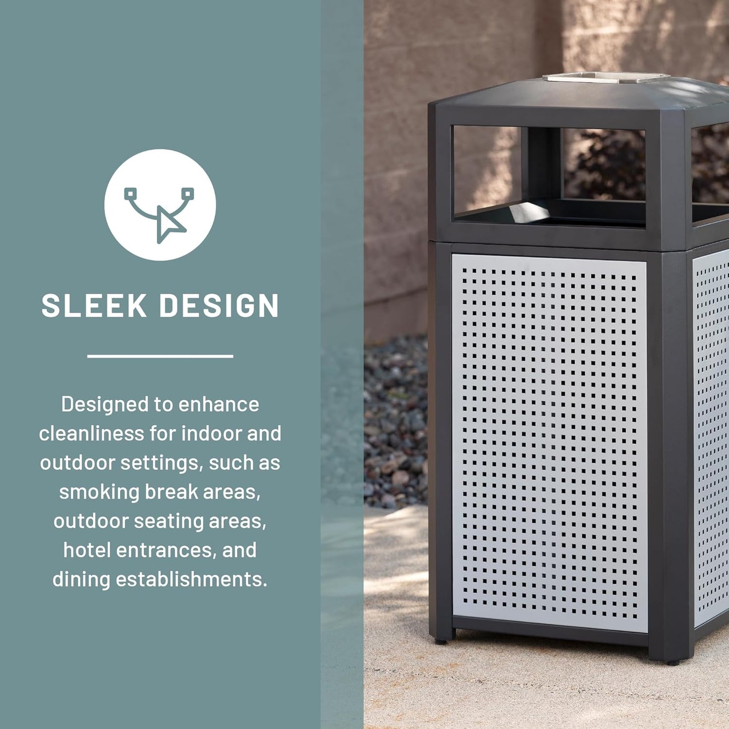 Safco Evos Steel Trash Can, 38 Gallons, Indoor and Outdoor Use, Commercial Garbage Can with Plastic Liner and Ashtray