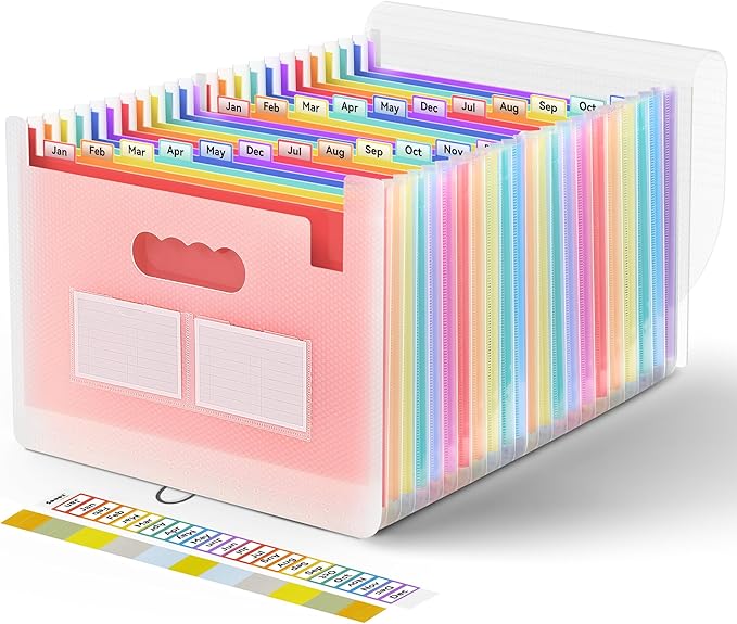 Sooez 24 Pockets Expanding File Folder with Blank Labels, According File Organizer with Expandable Cover, Desktop Accordion Folders Letter A4 Paper Document Storage Organizer, Red