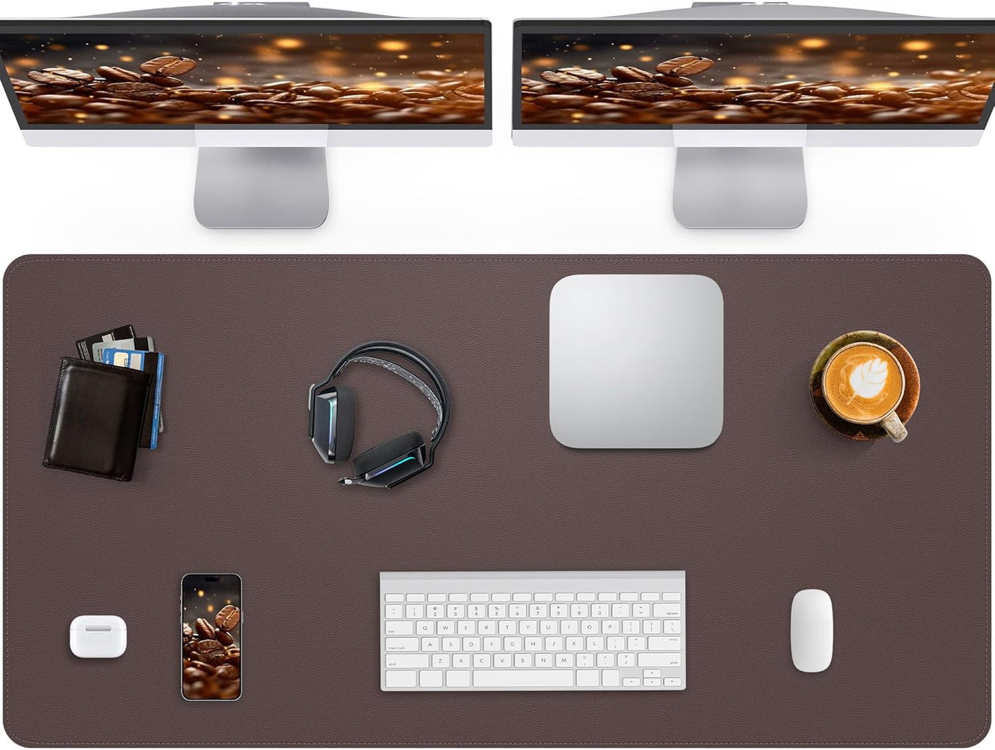 Large Desk Pad Mat - Waterproof Mouse Pad & Desk Protector, Non-Slip XL PU Leather Gaming Mat for Keyboard/Mouse, Stitched Edge with Ergonomic Support, 47"x17" (Coffee)