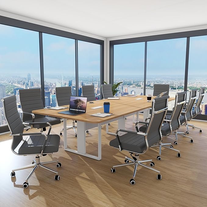 Home Office Chair Ribbed, Modern Leather Conference Waiting Room Chairs,Ergonomic Office Desk Chair, High Back Executive Computer Chair, Adjustable Swivel Chair with Arms (Gray)