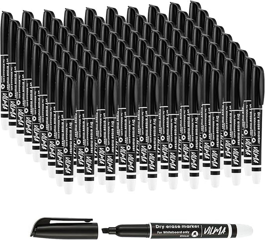 VILMA 90 Pack Black Whiteboard Markers, Dry Erase Markers with Chisel Tip, Bulk Classroom Office Supplies for White Board, School, Teachers, Kids, Non-Toxic, Low Odor