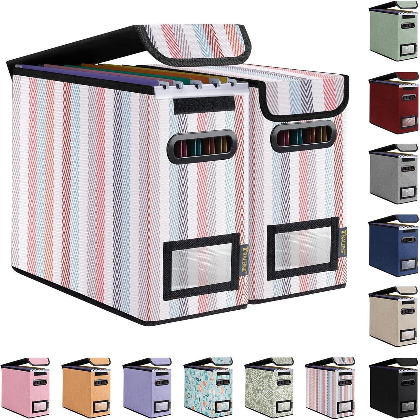 BALEINE File Organizer Box with Lid, Collapsible File Folder Organizer with Plastic Slide, Hanging File Folder Box for Office Document Storage (2 Pack, Color Stripe, S)