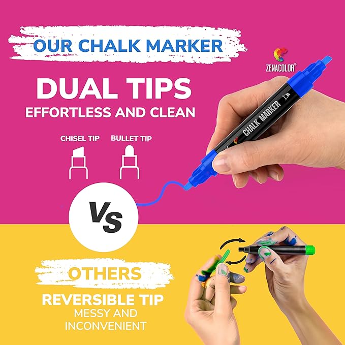 Zenacolor Liquid Chalk Markers - Dual Tips, 8 Vibrant Colors, Non-Toxic, Quick-Drying, Erasable for Blackboard, Windows, Glass, Cars - 24 Labels Included