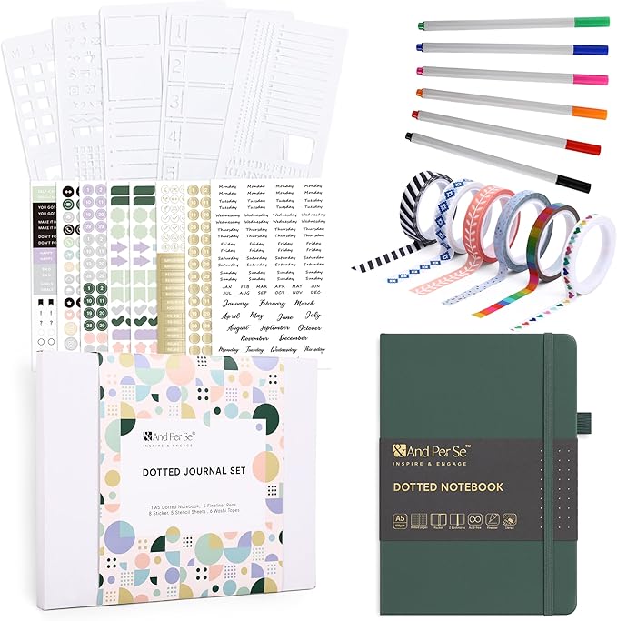 &And Per Se Dotted Journal Notebook Set, A5 Hardcover Dotted Journal (Green), 6 Fineliner Pens, 8 Sticker, 5 Stencil Sheets & 6 Washi Tapes, Journaling Supplies for Planner Schedule