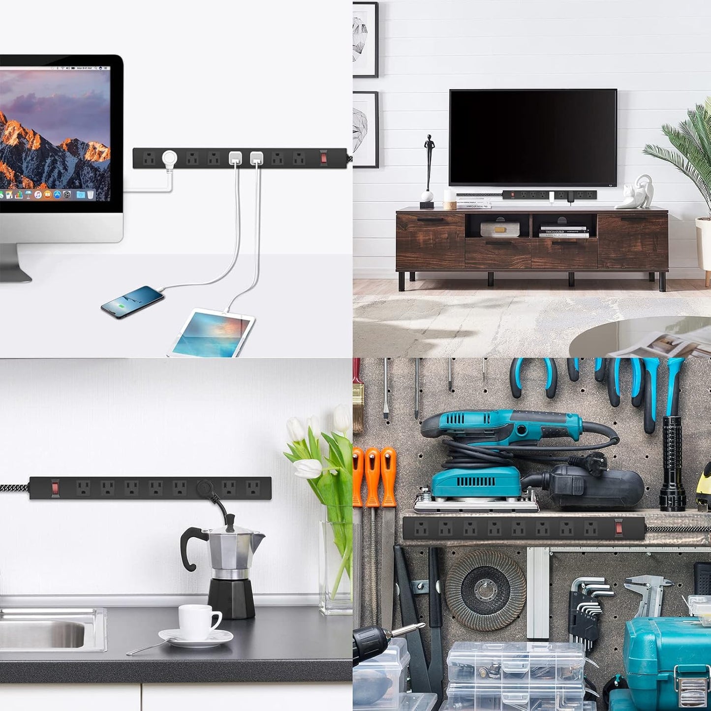 Metal 8 Outlet Mountable Power Strip with Switch,Wide Spaced Heavy Duty Wall Mount Power Strip Surge Protector 1200J,10FT 14AWG Braided Cord 15A 125V 1875W for Home Office Industrial Garage Commercial