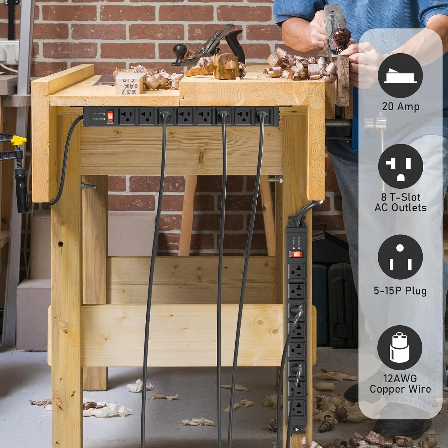 JUNNUJ 20 Amp Power Strip Surge Protector 4800J, Heavy Duty 8 Outlet Metal Multi Angle Mount, 20A Garage Power Strip Shop 6-20R T-Slot, 5-15P Plug 12 Gauge Extension Cord 15ft for Appliance