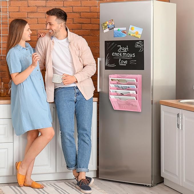 EASEPRES Magnetic 5 Pocket Mesh Hanging File Organizer, Wall Mounted Mail Paper Document Folder Holder, Clipboard Storage Organization Magazine Rack with Nametag Label for Office Home School, Pink