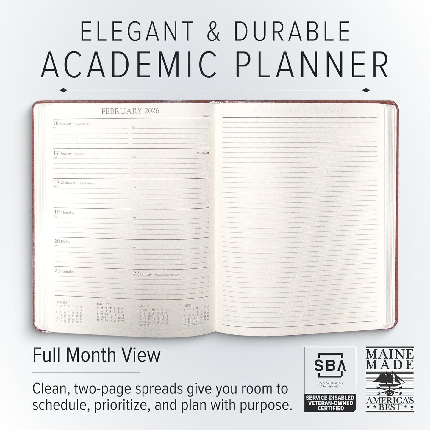 Gallery Leather Academic Planner 2025-2026, Teacher and Student Weekly Monthly Planner, Elegantly Bound Calendar with Gold-Gilded Page Edges, 18 Months - Floral Latte - 9x7"