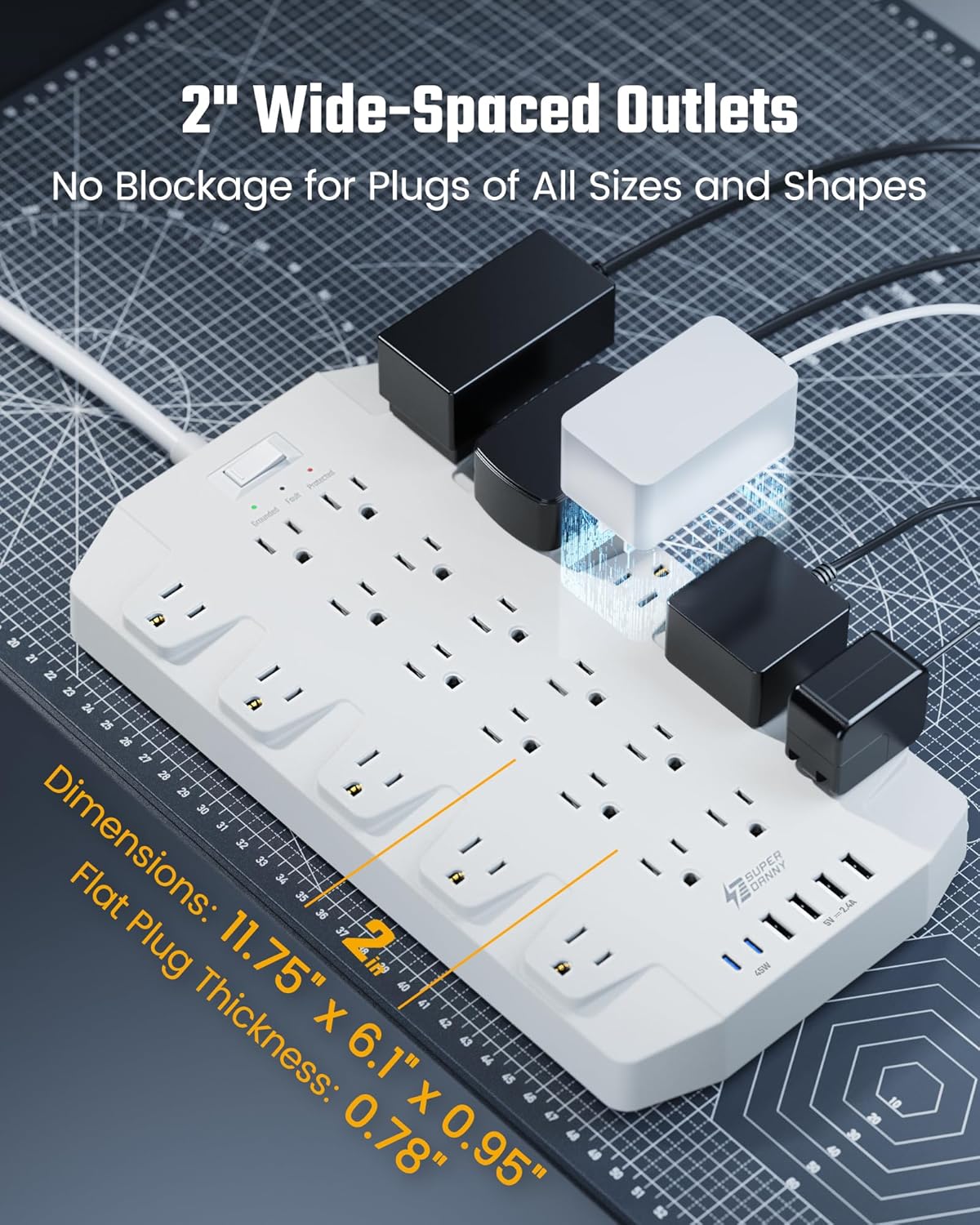 45W Power Strip Surge Protector with PD USB-C, SUPERDANNY 1875W/15A, 2100J, 6.5ft Flat Plug Mountable Extension Cord with 22 Outlet+6 USB Port, Fast Charging for Home,Office,Dorm,Gaming,PC,Streaming