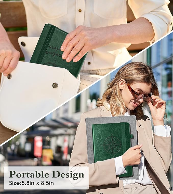 Dotted Journal Notebook for Women Men, 160 Pages Dot Grid Paper,Inner Pocket, A5 Hardcover Vintage Leather Notebooks for School, Work, Travel, Note Taking，Bullet Journaling 5.8"x8.5" (Green)