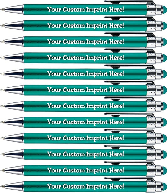Personalized Pens with Stylus Tip -Bright Vibes- Click action - Custom - Black writing - Printed Name pens - Imprinted with Your Logo or Message - FREE PERSONALIZATION - 12 Pens/Box (Teal)