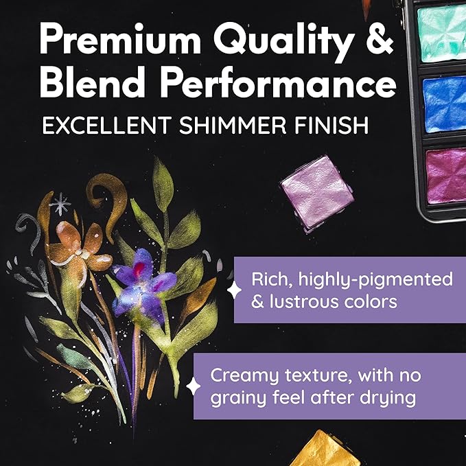 MozArt Supplies Komorebi Professional Metallic Watercolor Set - Portable Metal Box with Safety Lock and Fully Detachable Pans for Easy Customization - 24 Shimmering Colors for Arts and Crafts