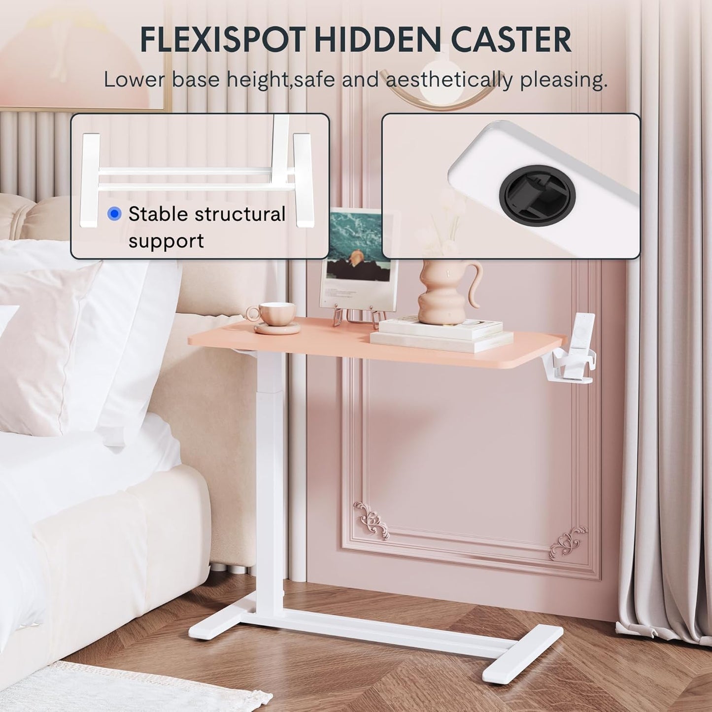 FLEXISPOT Mobile Standing Desk with Wheels Pneumatic Laptop Desk Rolling Computer Cart Movable Height Adjustable Small Sit Stand Computer Workstations Home Use（31.5" W x 17.7" D,Pink