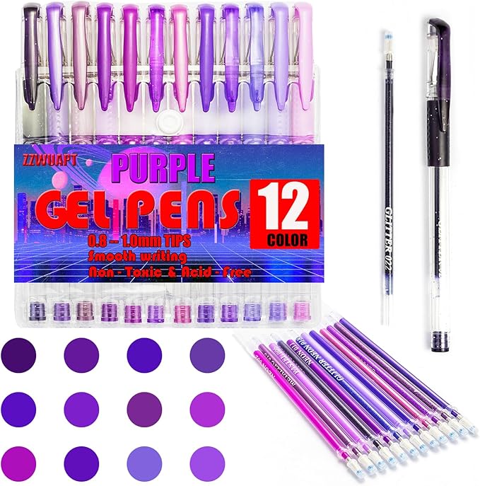 Purple Gel Pens for Coloring Book,36 Color Gel Pens Set including 12 Color Gel Pen with 24 Refills,40% More Ink Colored Gel Pens for Drawing, Doodling, Scrapbook, Journaling