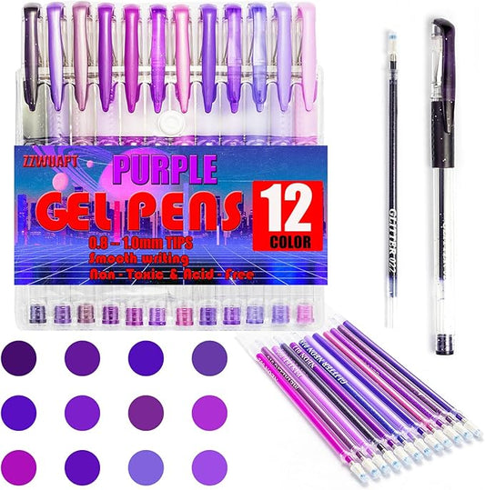 Purple Gel Pens for Coloring Book,36 Color Gel Pens Set including 12 Color Gel Pen with 24 Refills,40% More Ink Colored Gel Pens for Drawing, Doodling, Scrapbook, Journaling