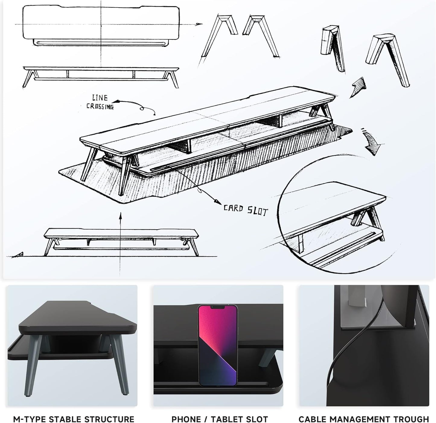 Fenge Dual Monitor Stand, Monitor Stands Riser for 2 monitors, 42.5 Inch Wood Desk Shelf with Storage Organizer and Cable Management for Office Desk Accessories