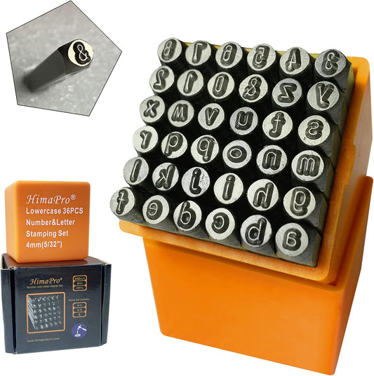 HimaPro Number and Letter Stamp Set 36 PCs Lowercase Industrial Grade Letters 'a'-'z', '&', '0'-'9' in a Plastic Box(4mm - 5/32 Inch)