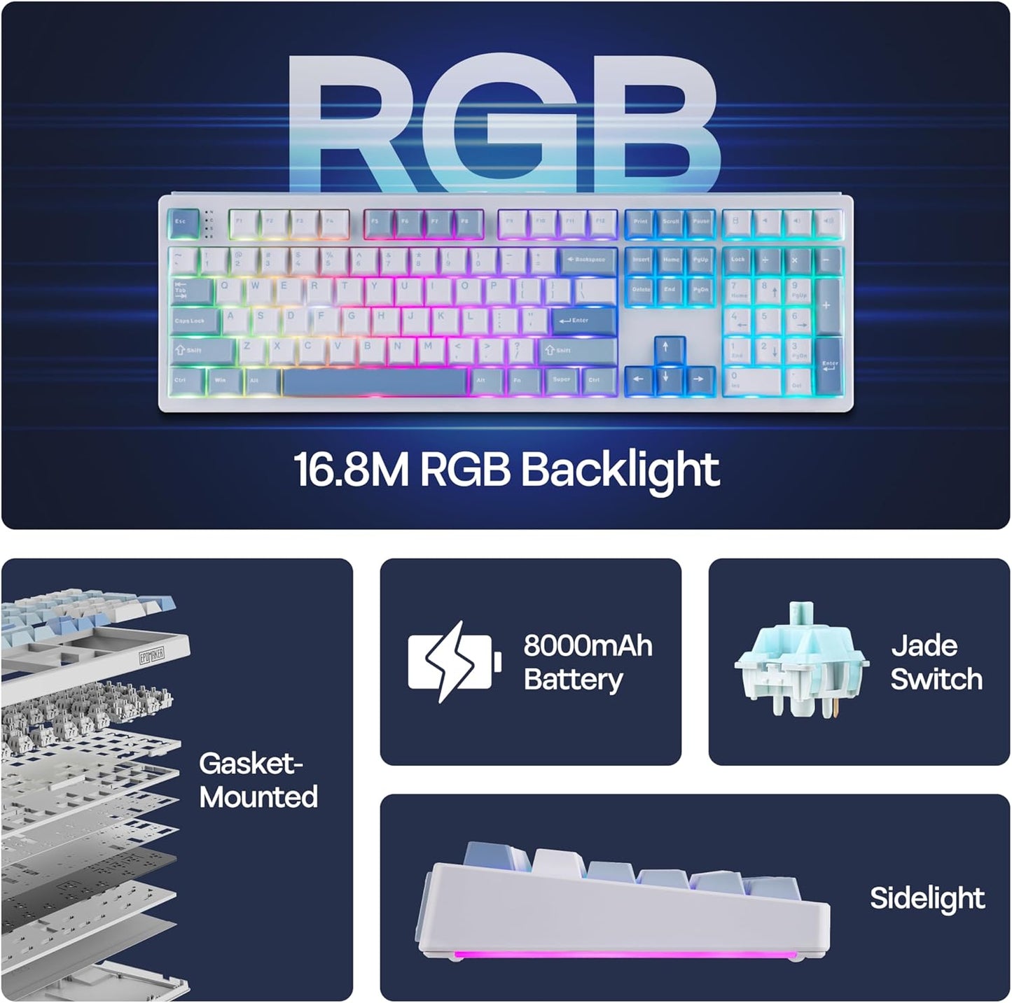 EPOMAKER TH108 Full Size Mechanical Keyboard, Wireless Gaming Keyboard, 8000mAh Battery, Creamy Gasket, 108 Keys, Hot Swap, Custom Driver, RGB Backlights (Blue&White, Creamy Jade Switch)