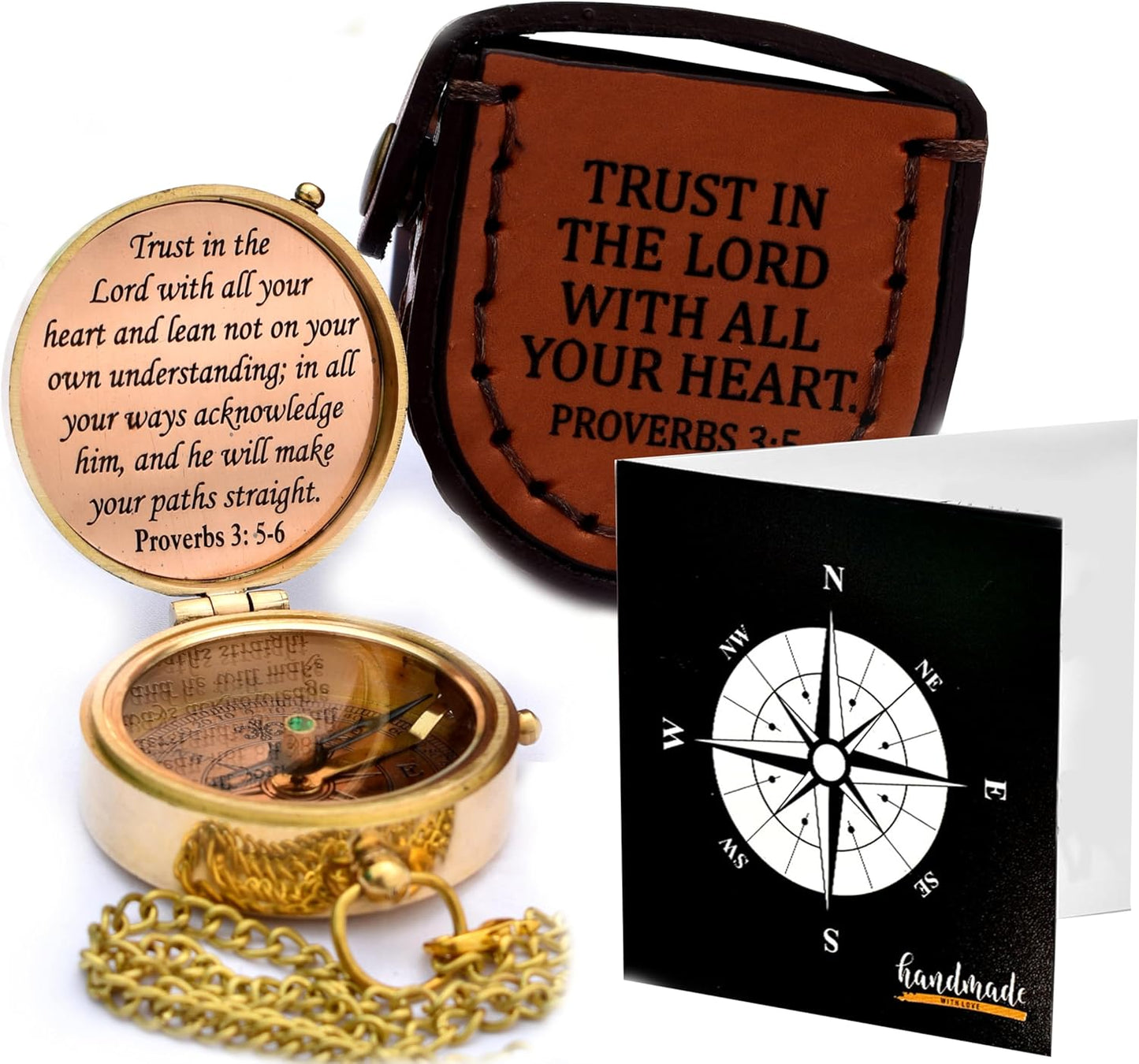 Trust in The Lord With All Your Heart - Proverbs 3:5-6 Quote Engraved Compass With Wooden Box, Greeting Card, Gift Compass, Graduation Day Gifts 2024 for Women Men Boys Girls