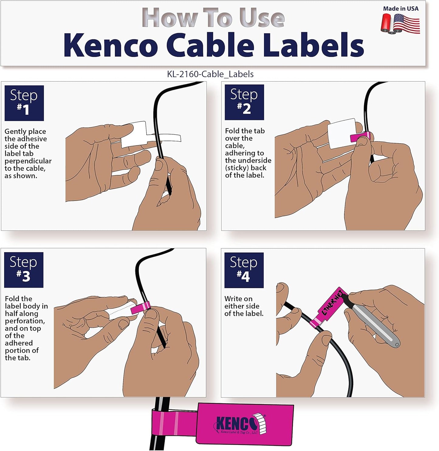 Kenco Cable Labels - 240 Labels 12 Sheets, 10 Colors Waterproof Cord Labels - Write on Stickers Tear and Liquid Resistant for Color Coding and Identification -Made in The USA (960 Labels)