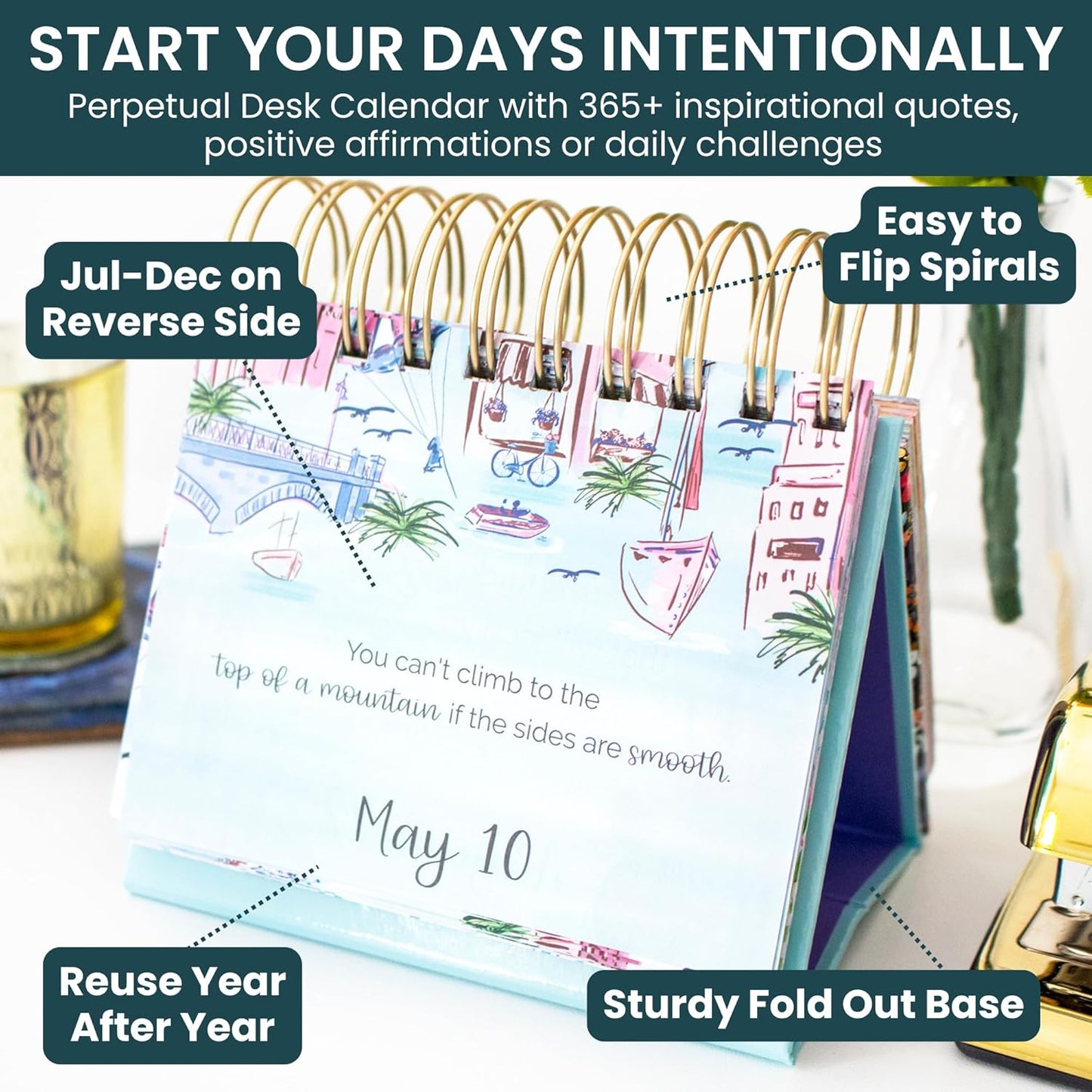 bloom daily planners Undated Perpetual Desk Easel/Inspirational Standing Flip Calendar - (5.25" x 5.5") (The Best is Yet to Come)