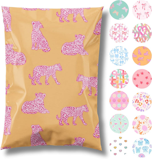 6x9 Designer Poly Mailer 100 Pack Heavy Duty Waterproof Self Seal Shipping Bags for Small Business Large Mailing Envelopes Bulk Tear Resistant Packaging Pink Orange Leopard