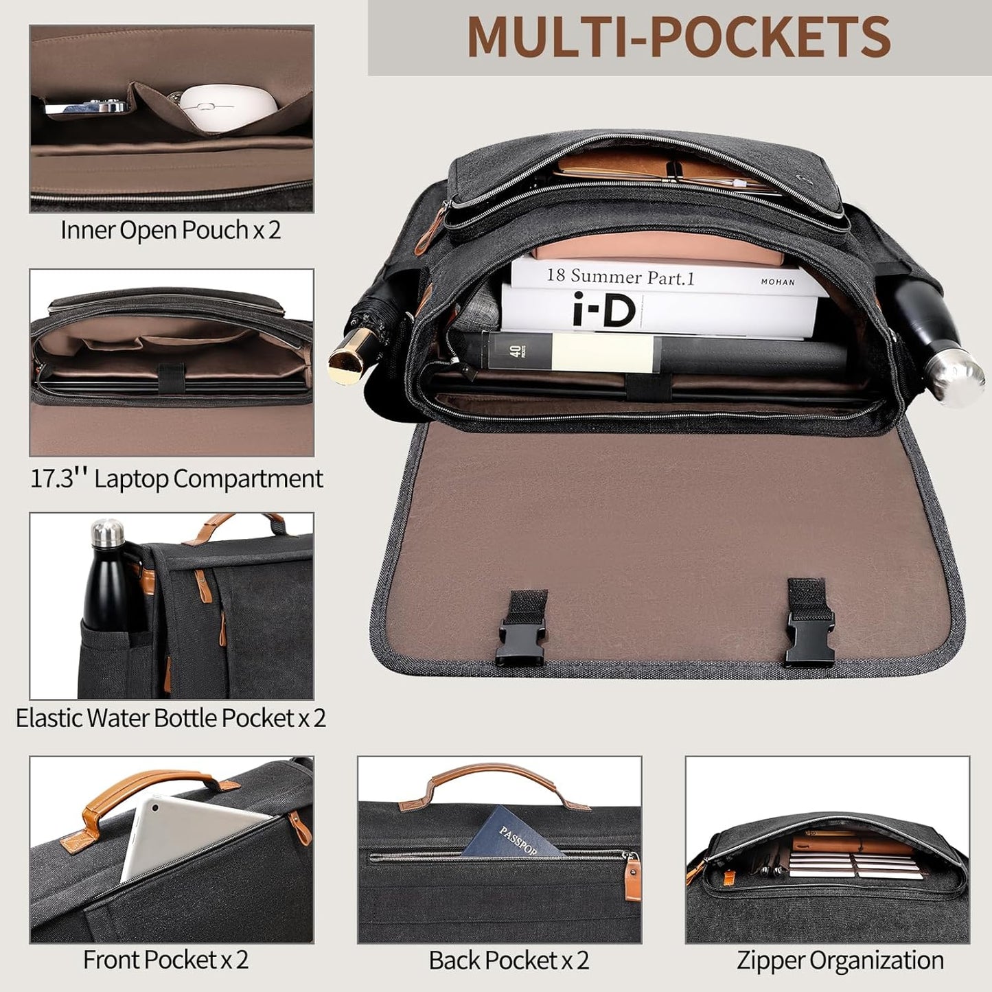 ESTARER Men's Messenger Bag 17.3 Inch Upgraded, Water-resistant Canvas Laptop Bag, Computer Shoulder Bag for College Travel Work, Dark Grey