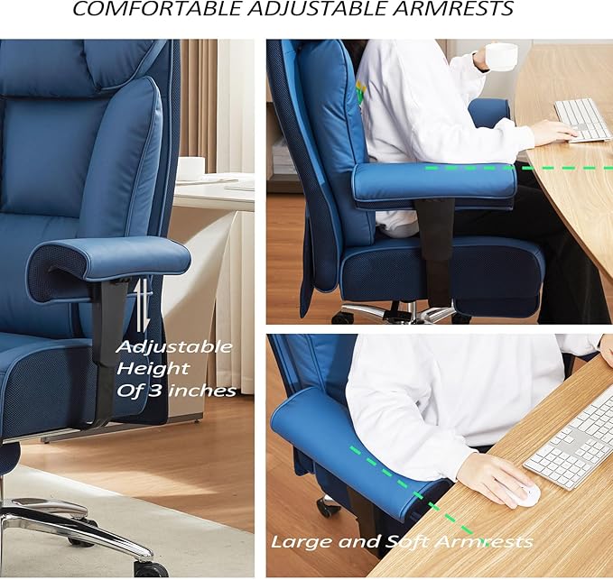 Efomao Ergonomic Office Chair 450LBS with Foot Rest, High Back PU Leather Big and Tall Executive Chair with Adjustable Padded Armrests, Lumbar Support for Home or Work, Heavy Duty Computer Chair, Blue