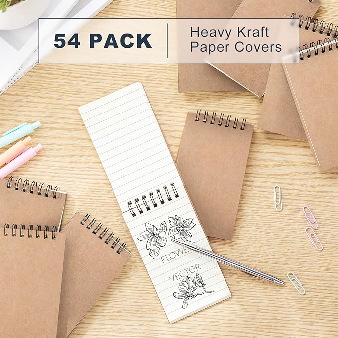 Tenceur 54 Pcs Mini Spiral Notebook 3" x 5" Top Bound Small Spiral Notepads Pocket Notebook Spiral Memo Pads 120 Pages Sketchbook College Ruled Journals for Kids Home Office School (Brown)
