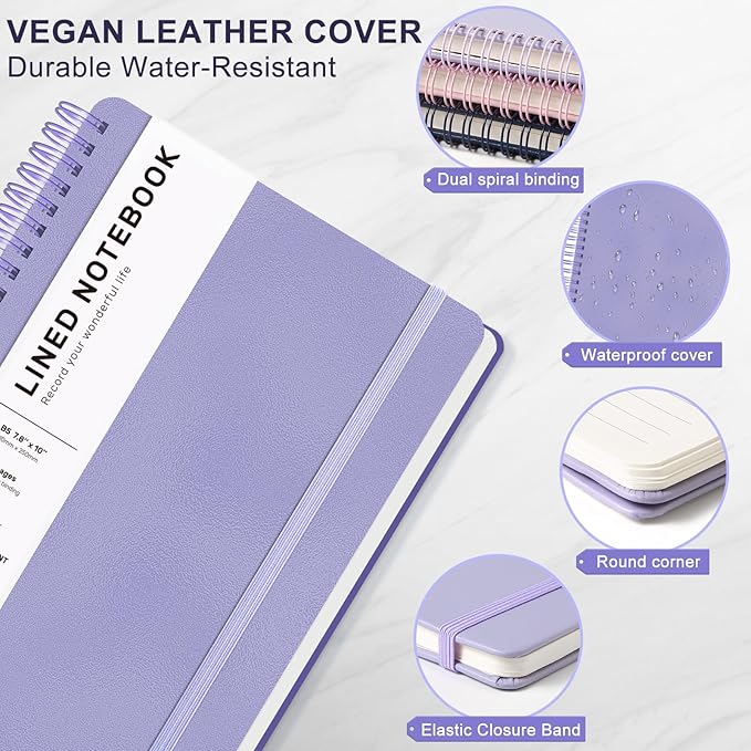 Lined Spiral Journal Notebook, B5 Hardcover Leather Notebook for Work, 7.8''×10'', 100GSM Thick Paper Spiral Bound Journaling Notebooks for Women & Men Office School Note Taking Business, Purple