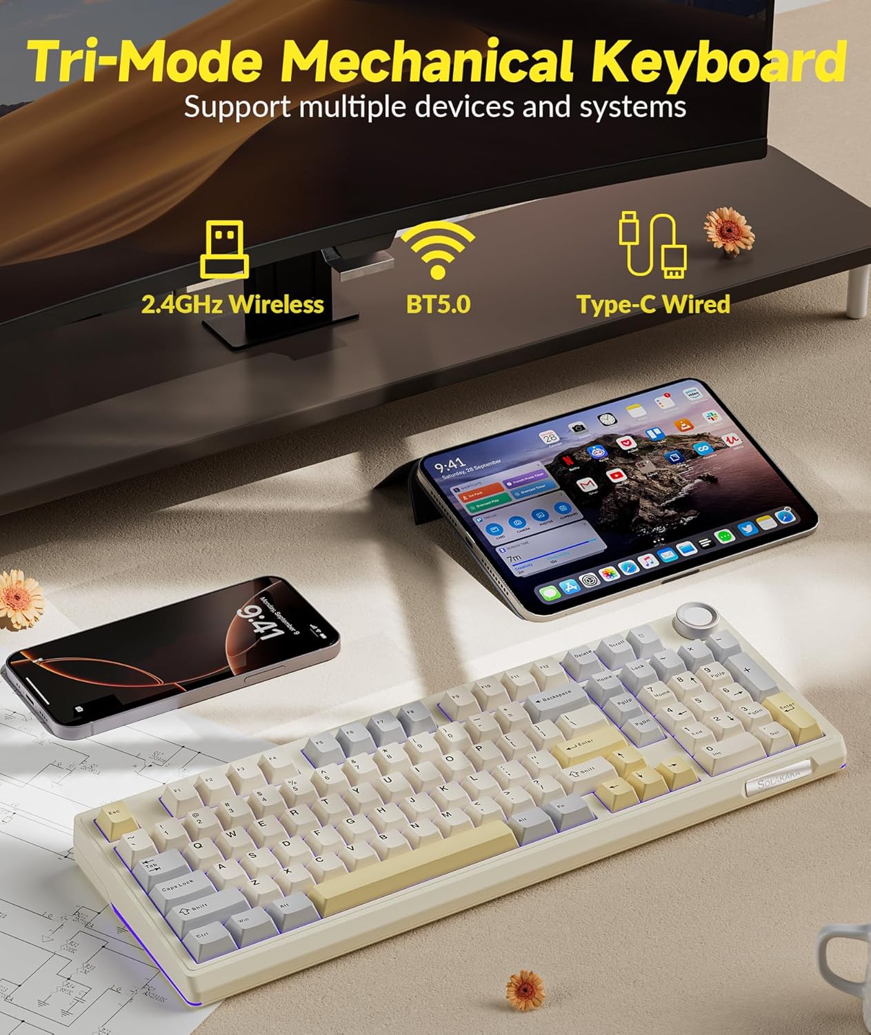 KI99 Pro 96% Wireless Mechanical Gaming Keyboard, Creamy Keyboard with Number Pad, Hot-Swappable Pre-Lubed Switches, Gasket Structure RGB Keyboards for Gamer/PC/Laptop(Beige White)