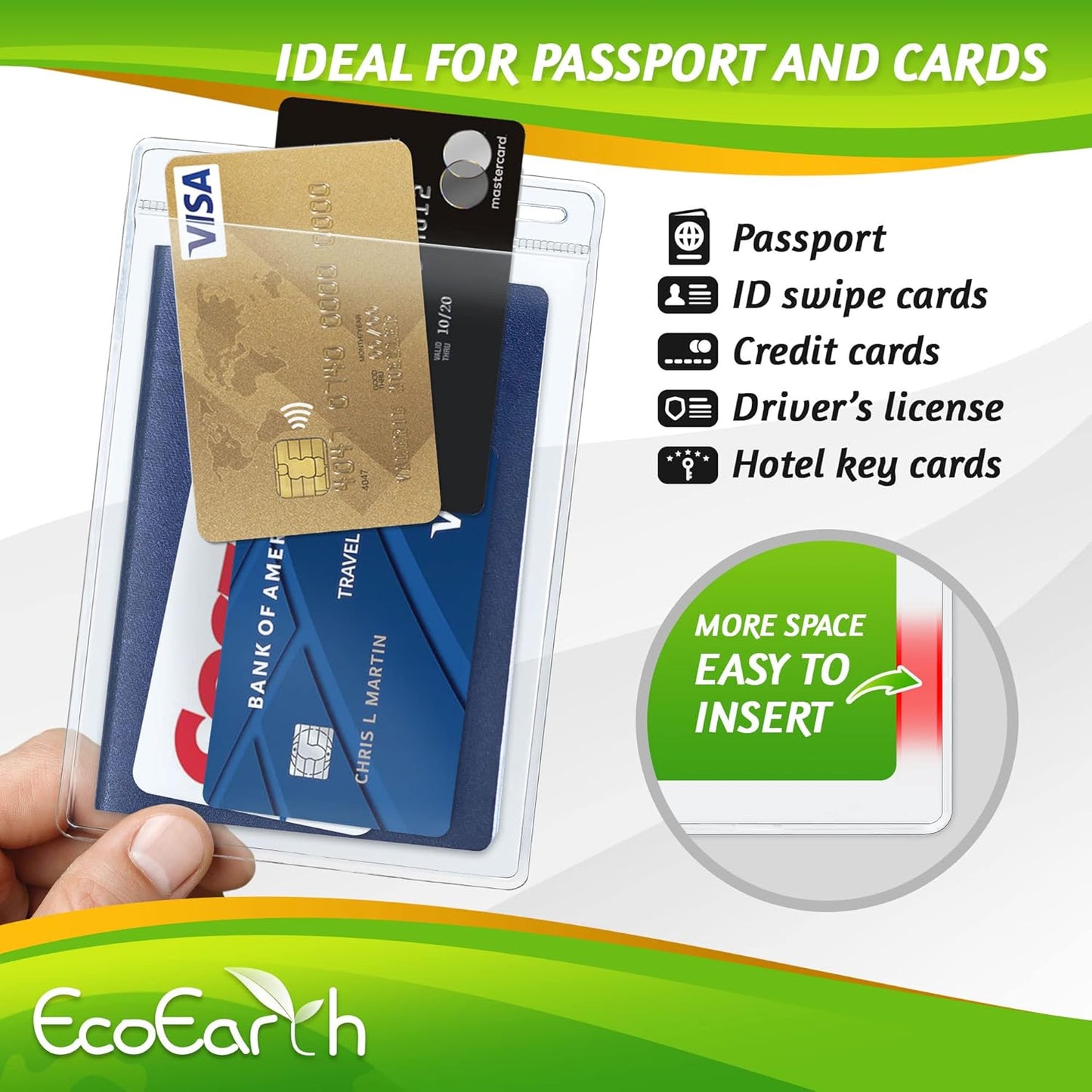 EcoEarth Passport & Identification Card Holders with Soft Edge (Clear, 4x6 Inch, 50 Pack), Extra Large Vertical ID Holder, Zipperless Plastic Name Badge Holders