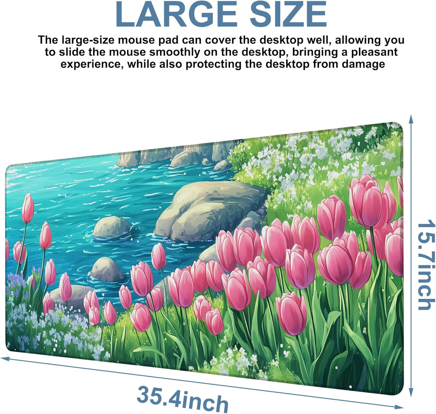 Large Mouse Pad Blooming Tulips Gaming Desk Pad Computer Keyboard Non-Slip Waterproof Mouse Mat with Rubber Base and Stitched Edges Entertainment Office Writing Desk Mat 35.4 x 15.7 Inches