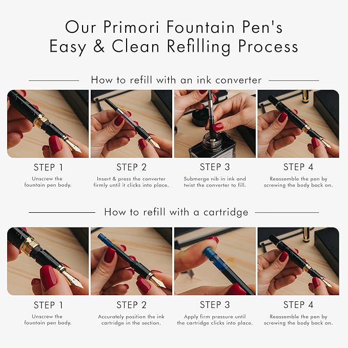 Wordsworth & Black Primori Fountain Pen Set [Black Gold]; Fine Nib, Gift Case, 24 Ink Cartridges, Refill Converter, Manual; Journaling, Calligraphy, Smooth Writing Pens; Left and Right Handed