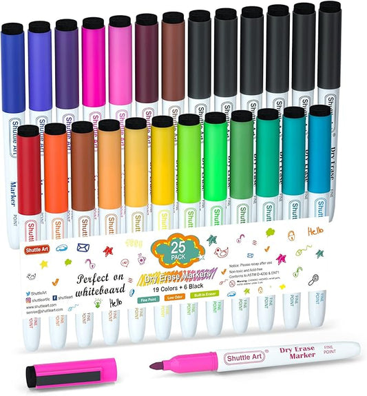 Shuttle Art Dry Erase Markers, 25 Pack 20 Colors Whiteboard Markers,Bundled with 5 Extra Black, Fine Tip Markers for Kids,Perfect for Writing on Dry-Erase Surfaces,School Office Supplies
