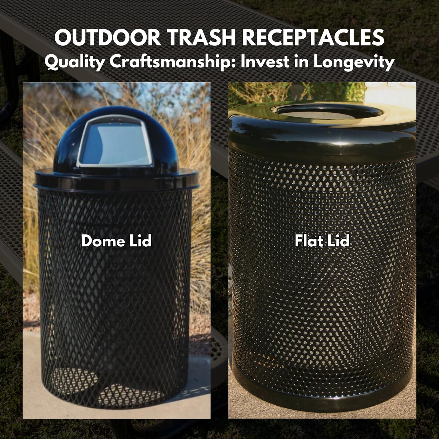 32-Gallon Heavy-Duty Punched Steel Round Trash Receptacle, Commercial Outdoor Waste Bin with Liner & Black Dome Lid – Made in America (Textured Gold Vein)