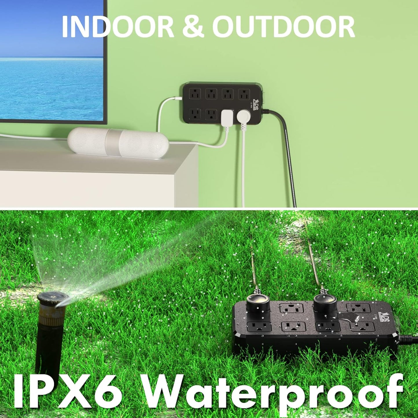 Outdoor Power Strip Weatherproof, Waterproof Surge Protector with 8 Wide Outlet with 3 USB Ports, 6FT Extension Cord,1875W Overload Protection,Outlet Extender for Christmas Lights ETL Listed Black