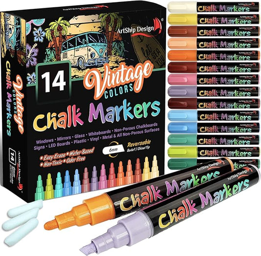 ArtShip Design 14 Vintage Colors Chalk Markers - Reversible Medium Tip Liquid Chalk Pens Wet Erasable - Menu Boards, Glass, Windows, Whiteboards, Classrooms, Mirrors, Chalkboards, Plastic, Metal