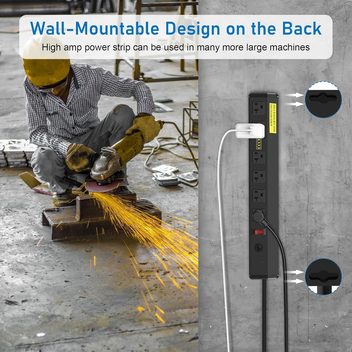 CCCEI Heavy Duty Power Strip Surge Protector 20 Amp, High Amp Industrial Shop Garage Metal Multiple Outlets, 4 FT 12 Gauge 5-15P Extension Cord 6 Outlet 6-20R T-Slot 20a for Appliance. Black.