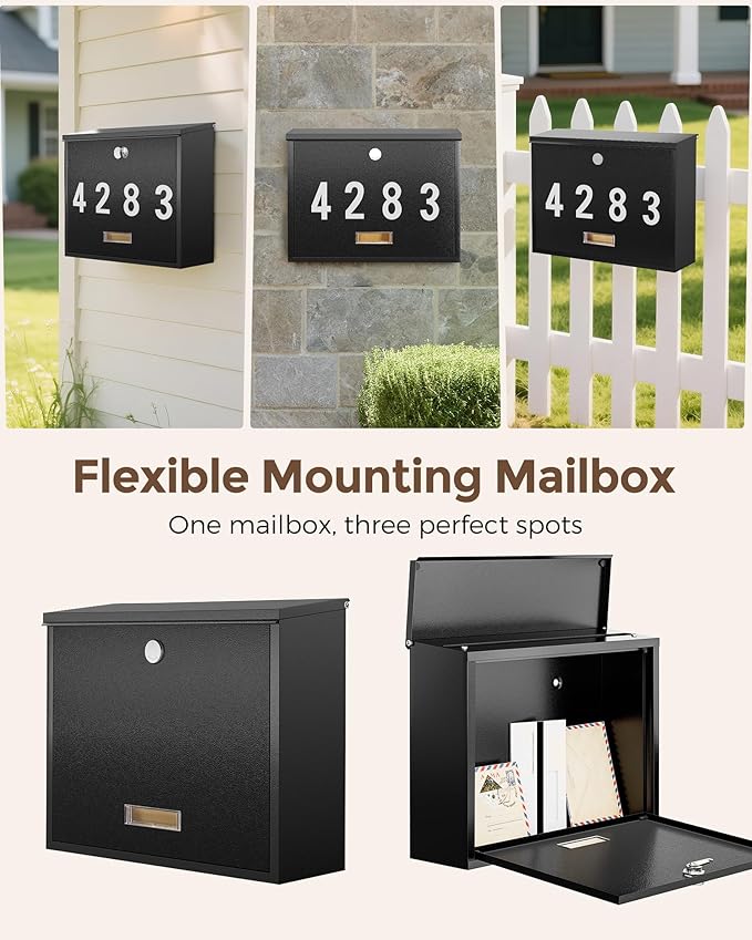 LAND·VOI Locking Wall-Mount Mailbox for Outside, with 4 Keys, Galvanized Steel Rustproof Metal Postbox, 4" Dx13.8 Wx11.2 H, Includes 3 Sets of Mailbox Numbers, Nameplate, Black, AMB33B