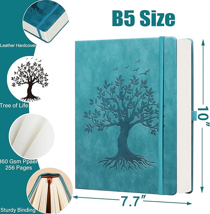 ZXHQ B5 Bullet Dotted Journal Notebook:150gsm Thick Paper, 256 Pages, Dot Grid Hardcover, Tree of Life Design, Fine Inner Pocket - 7.7" × 10" SeaGreen