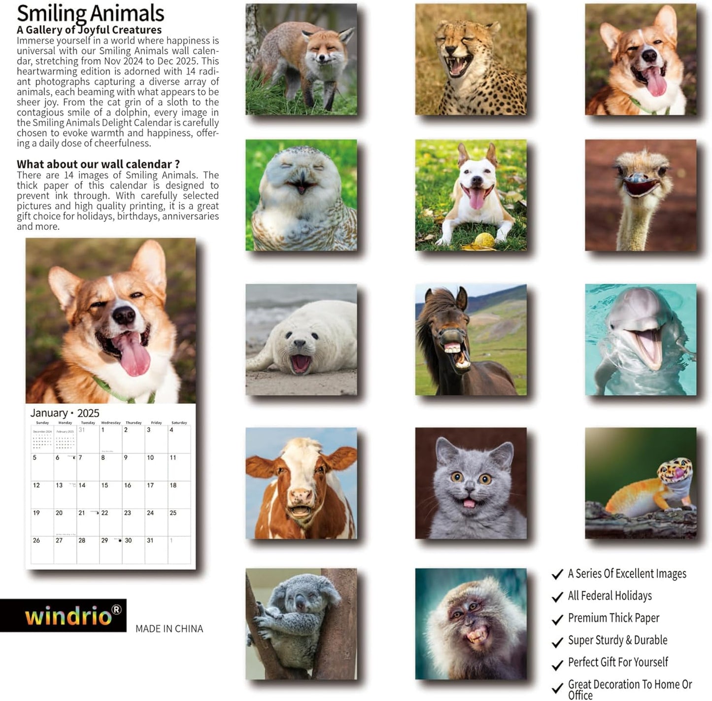 2025 Wall Calendar,Calendar 2025, January 2025 - December 2025, Wall Calendar Smiling Animals, 12" x 24" Opened,Full Page Months Thick & Sturdy Paper for Calendar Organizing & Planning
