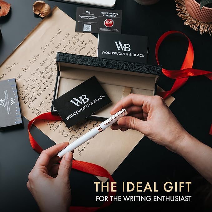 Wordsworth & Black Fountain Pen Set, 18K Gilded Medium Nib, Includes 24 Pack Ink Cartridges, Ink Refill Converter & Gift Box, Gold Finish, Calligraphy, [White Rose Gold], Perfect for Men & Women