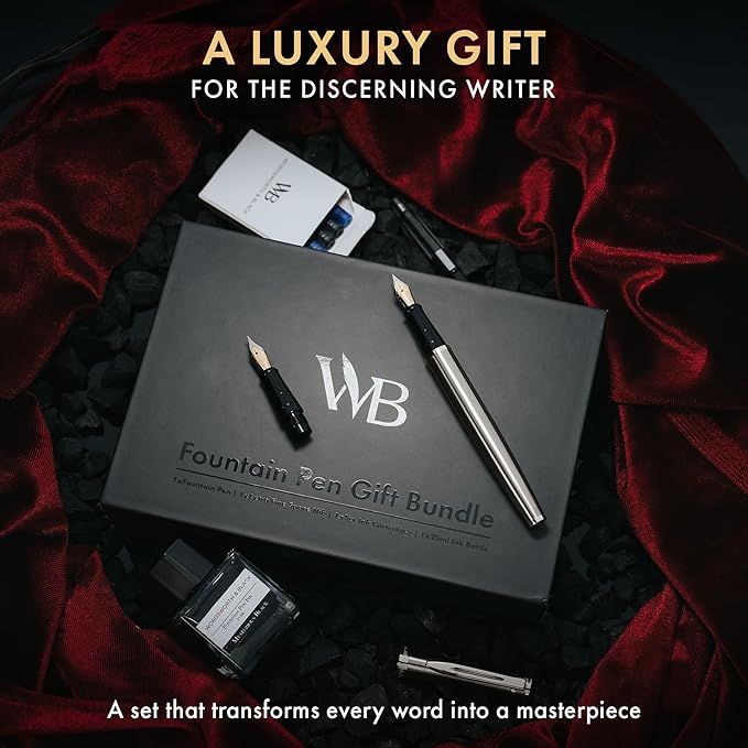 Wordsworth & Black Fountain Pen Set,18K Gilded Medium and Extra Fine Nib,25ML Black Ink Bottle,6 Ink Cartridges,Refill Converter,Gift Box,Smooth Writing Pen [Silver Chrome],Gift Set for Men and Women